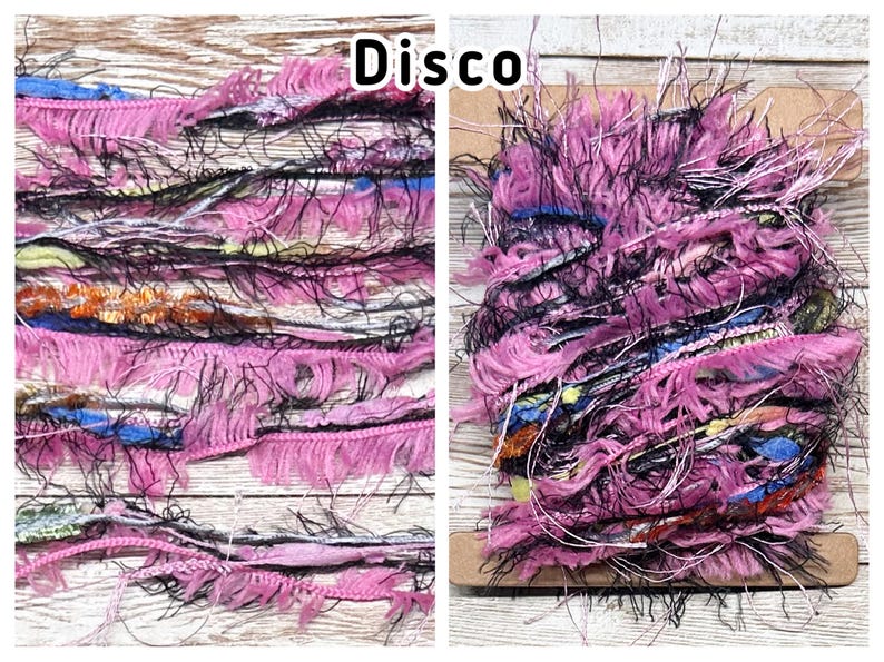 May include: A bundle of multi-textured art yarn labelled Disco, featuring a mix of pink, black, blue, and metallic orange fibres. The yarn includes fringed ribbons, fuzzy strands, and thin metallic threads wound around a flat cardboard spool.