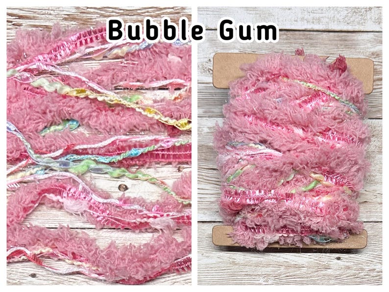 May include: Bubble Gum textured yarn in shades of pink, with accents of white, yellow, and blue. The yarn is shown in two arrangements, one loose and one wound on a wooden spool. The text "Bubble Gum" is displayed above the yarn.