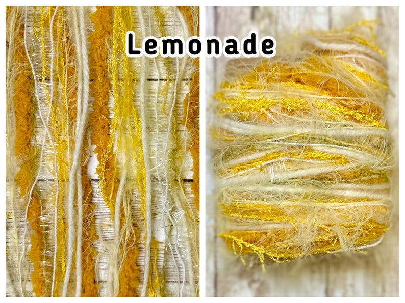 May include: A skein of textured art yarn labelled Lemonade, featuring a blend of mustard yellow, bright yellow, and cream-coloured fibres. The yarn consists of various strands, including fuzzy, metallic, and smooth twisted threads.