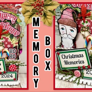May include: A red and white Christmas memory box with a Santa Claus figure, candy canes, and the words "Christmas Memories" and "2024".
