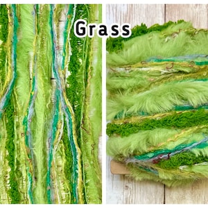 May include: Two images of green yarn with the word "Grass" in white text. The yarn has a variety of textures and shades of green, with accents of yellow, blue, and brown. The yarn is on a wooden surface.