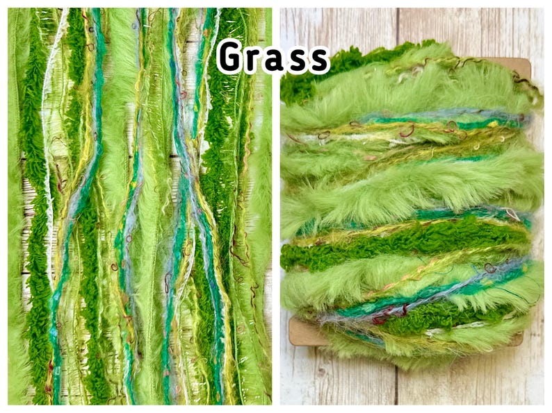 May include: Two images of green yarn with the word "Grass" in white text. The yarn has a variety of textures and shades of green, with accents of yellow, blue, and brown. The yarn is on a wooden surface.