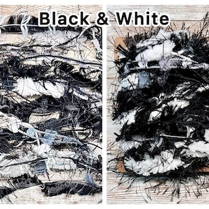 May include: Two images of black and white yarn. The yarn has a mix of textures, including fluffy, fringed, and smooth threads. The text "Black & White" is displayed at the top of the image. The yarn is likely for crafting projects.