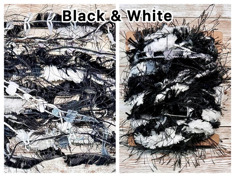 May include: Two images of black and white yarn. The yarn has a mix of textures, including fluffy, fringed, and smooth threads. The text "Black & White" is displayed at the top of the image. The yarn is likely for crafting projects.