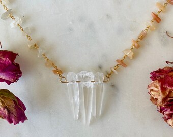 Triple Lemurian Quartz Crystal Necklace on a Moonstone Chip Bead Chain, Lemurian Pendant, Meditation Enchancer, Beachy Vibes, Rustic Jewelry