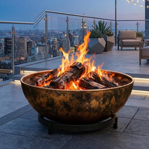 Può includere: Un grande braciere color bronzo con legna che brucia su un patio sul tetto con vista sullo skyline della città al tramonto. Il braciere è rotondo e ha una finitura invecchiata. Le fiamme si alzano dai ceppi, creando un bagliore caldo.