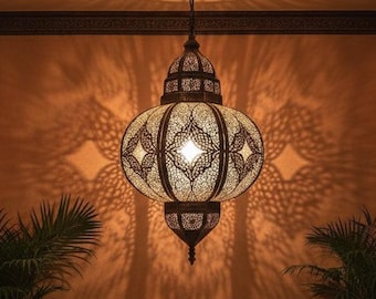 Handcrafted Moroccan Pendant Lantern | Large Filigree Brass Chandelier | Arabesque Ceiling Light | Boho Bedroom Dining Room Riad Hotel