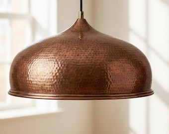 Wide Hammered Copper Dome Pendant Light | Rustic Farmhouse Kitchen Island Lamp | Industrial Dining Ceiling Fixture | Custom Copper Decor
