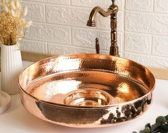 Lavabo de cobre martillado / Lavabo marroquí artesanal / Lavabo de cobre oro rosa / Lavabo de tocador artesanal / Decoración de baño única