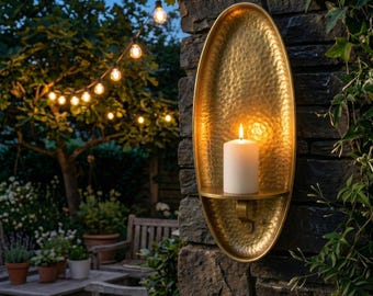 Hammered Brass Oval Wall Sconce | Handmade Candle Holder Wall Decor | Moroccan Boho Home Accent | Rustic Farmhouse Gift