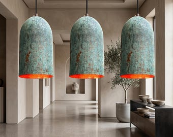 Handmade Green Patina Copper Pendant Light | Moroccan Style Torpedo Ceiling Lamp | Farmhouse Island Lighting | Art Nouveau Hanging Lamp