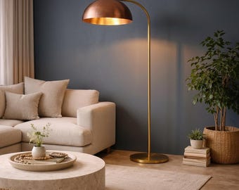 Lámpara de pie de arco con cúpula de cobre hecha a mano / Lámpara de salón marroquí con base de latón dorado cálido / Lámpara de pie alta / Rincón de lectura de dormitorio estilo bohemio