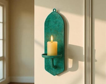 Apliques de pared de cobre hechos a mano / Arco marroquí con pátina verde / Portavelas de pared tipo columna / Decoración rústica bohemia para el hogar