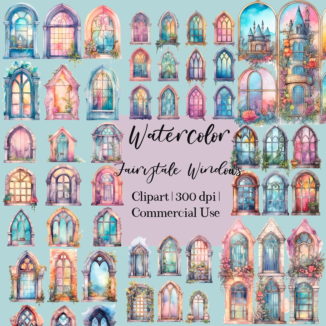 Watercolor Fairytale Windows Transparent Background Clipart PNG Files