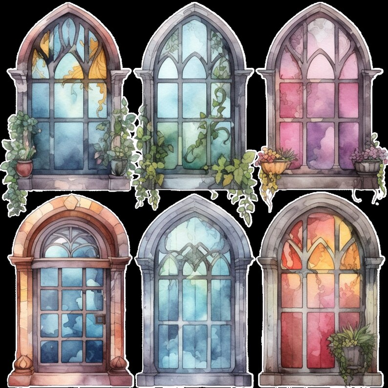 Watercolor Fairytale Windows Transparent Background Clipart PNG Files