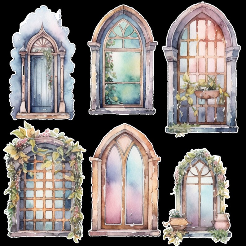 Watercolor Fairytale Windows Transparent Background Clipart PNG Files