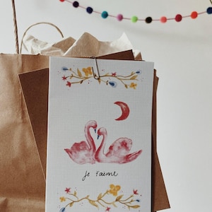 Carte de vœux amour, carte de souhait cygnes, carte de vœux fleurs, carte de fête des mères, carte de saint-Valentin, carte parent et enfant