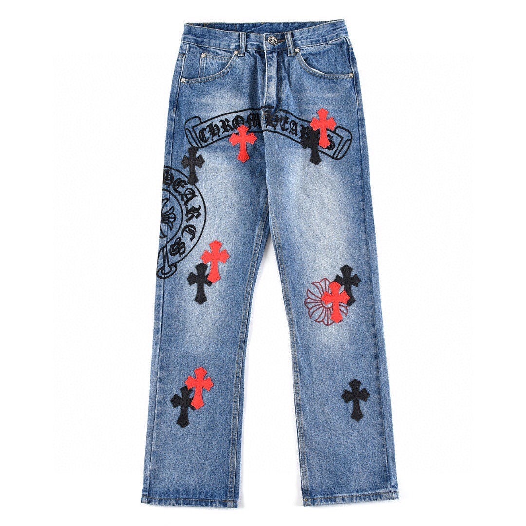 Chrome Hearts cross patched jeans red & black crosses SZ:W30