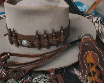 Brown Leather HATBAND ONLY for a Western Cowboy Hat / Ammo Hatband / Boho / Crystal / Herb / Outdoor / Hunting / Hiking / Camping / Tactical