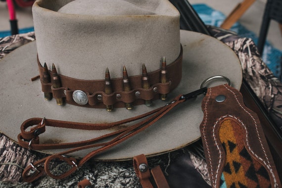 Brown Leather HATBAND ONLY for a Western Cowboy Hat / Ammo Hatband / Boho /  Crystal / Herb / Outdoor / Hunting / Hiking / Camping / Tactical 