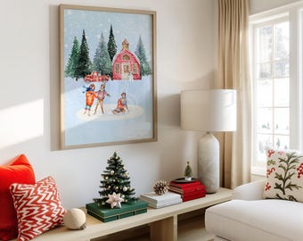 Frost Kissed Vintage Winter Landscape with a Loving Family Skating by a Timeless Old Fashioned Home, Joyful Cozy Charming Serene Winter Day