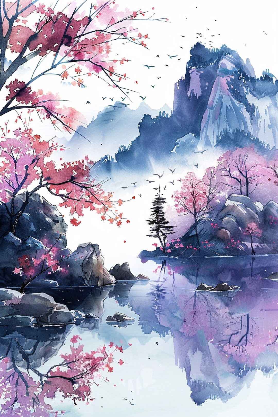 Zen Reflections and Mystic Mountain. Digital Art of Cherry Blossoms and ...