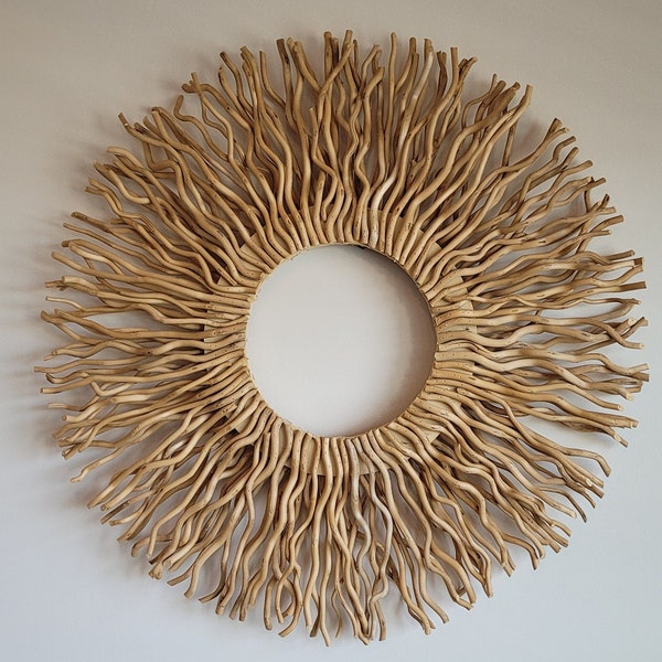 Auténtica decoración de pared de morera: adorno redondo con forma de sol, colgante de pared natural hecho a mano.