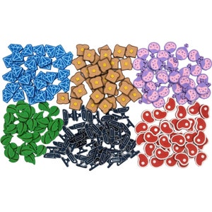 May include: Assortment of colorful, small, decorative items.  There are blue diamonds, brown toast, purple potion bottles, green leaves, black and blue rocket ships, and red steak shapes.