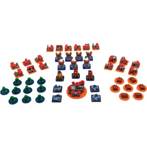 May include: A set of miniature game pieces for a medieval-themed board game. The set includes buildings, towers, trees, and logs, all in various shades of red, orange, brown, and green.