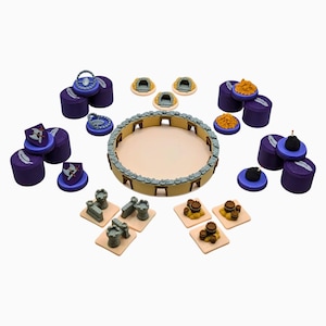 May include: A selection of board game components, including a circular arena, miniature castles, barrels, and purple cylindrical containers with blue tops. Some pieces feature shield or feather designs. The pieces are arranged on a white surface.
