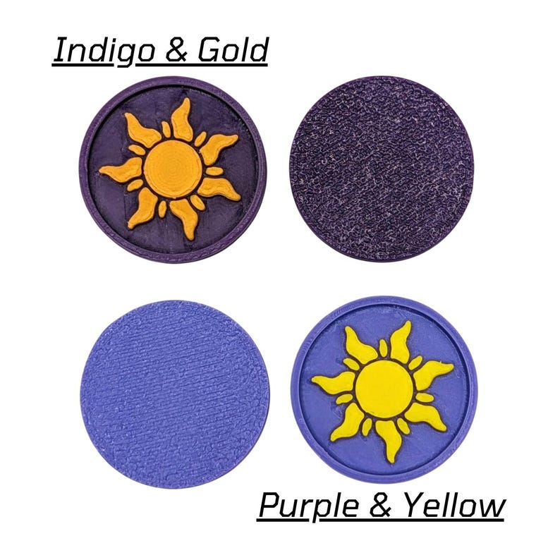Puede incluir: Cuatro parches circulares en &iacute;ndigo, morado y amarillo. Dos parches presentan un dise&ntilde;o de sol dorado. Se muestra el texto "Indigo & Gold" y "Purple & Yellow". Los parches tienen una superficie texturizada.