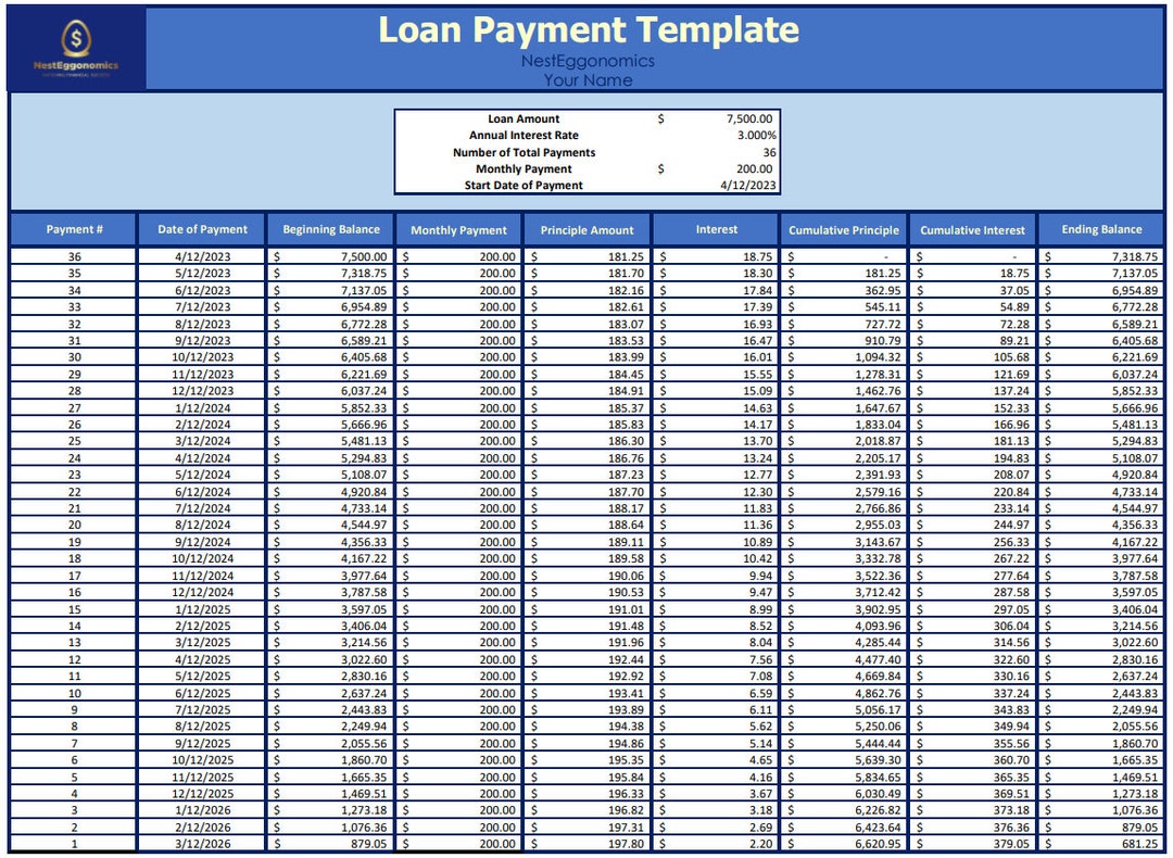 Loan Payment Template Etsy