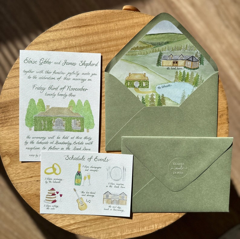 Custom hand painted wedding invitations digital download personalised hand drawn artist invitation suite image 1