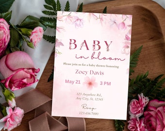 Editable Baby In Bloom Invitation, Baby In Bloom, Baby In Bloom Invite, Minimalist Baby Shower Invitation, Spring Floral Baby Shower, Pink