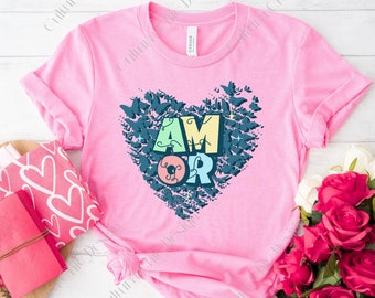 Valentine&#39;s Day T Shirt, Amor Short Sleeve Tee,  San Valentin Shirt, Spanglish T Shirt, Latinx Valentine Tee, Heart and Butterfly Sweater