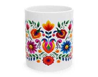 Otomi Mug, Mexican Folk Art Coffee Cup, Colorful Floral Design, Talavera Style Gift, Latina Home Décor, Mexico Pride Mug