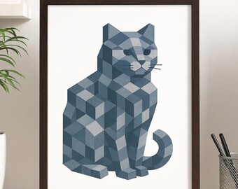 Lámina artística de gato con forma de cubo óptico: ilusión geométrica, decoración moderna para el hogar