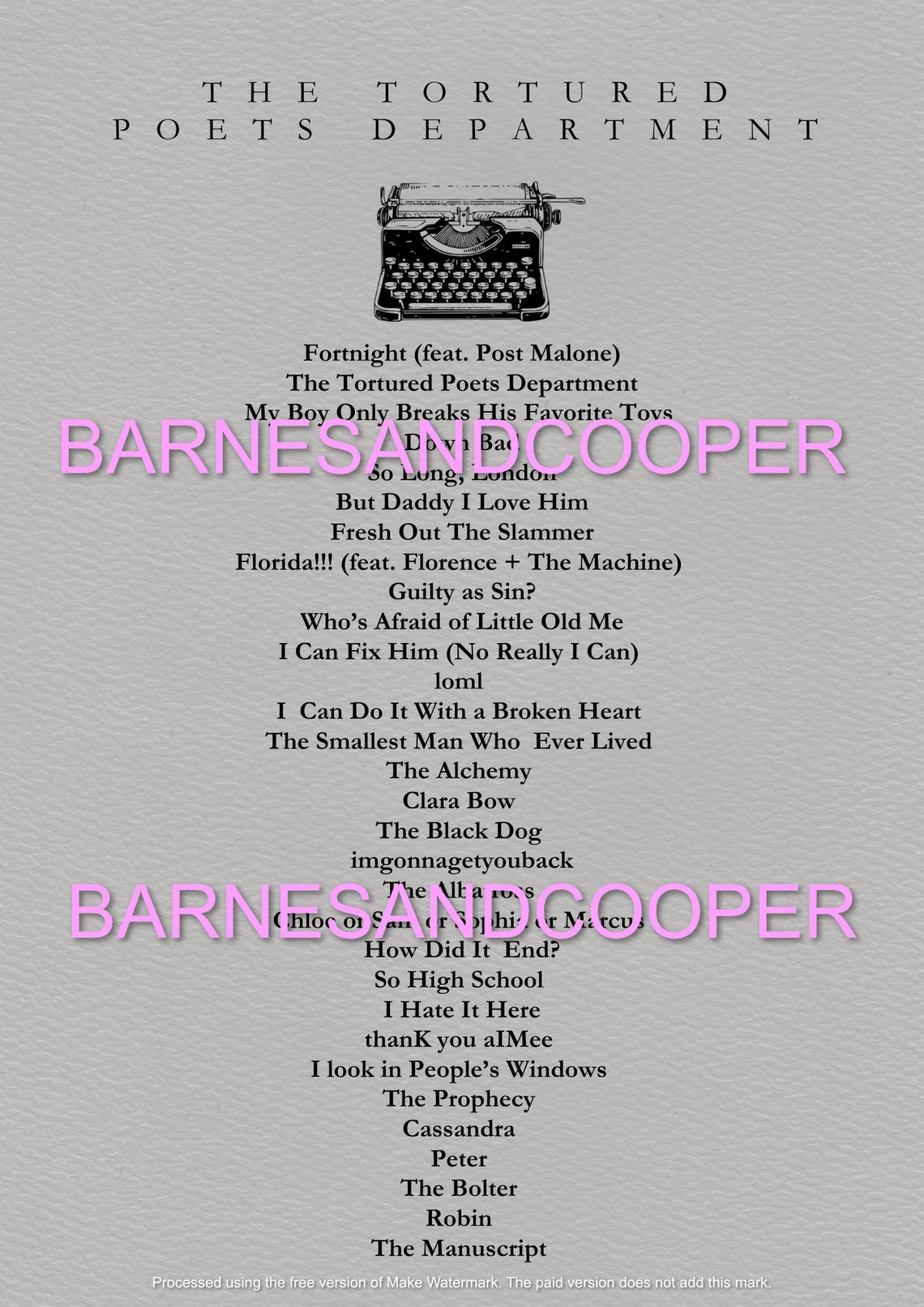 The Tortured Poets Department the Anthology Track List Etsy