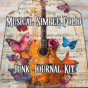 Kit de diario bohemio con diseño de efímeras musicales, hojas arqueadas, álbumes de recortes, collages de arte de mariposas, descarga instantánea