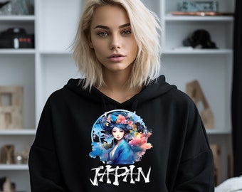 Japanese Geisha Watercolour Hoodie, Womens Hooded Sweatshirt, Japanese Geisha Xmas or Birthday Gift for family/friend Japanese Geisha Hoodie