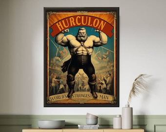 Impresión digital de «Hurculon», fenómeno de circo. Póster vintage original de carnaval. Carteles retro nostálgicos de carnaval. Anuncios antiguos de espectáculos secundarios. Decoración para el hogar.