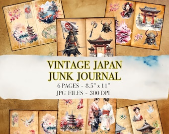 May include: Six pages of vintage Japanese-themed junk journal pages featuring images of cherry blossoms, pagodas, samurai, and geishas. The pages are 8.5 inches by 11 inches and 300 DPI.