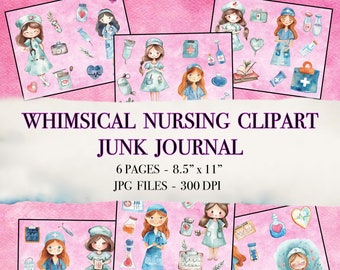 Puede incluir: Diario de recortes de imágenes de enfermería caprichosas con 6 páginas, 8,5 pulgadas por 11 pulgadas, 300 DPI, con ilustraciones de acuarela de enfermeras, suministros médicos y corazones sobre un fondo rosa.