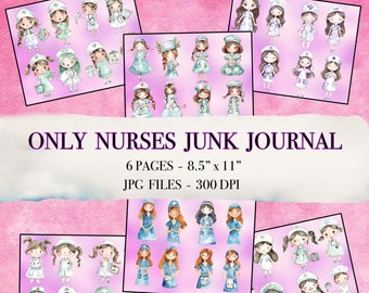 Puede incluir: Seis páginas de papel digital para scrapbooking con ilustraciones de acuarela de enfermeras en varias poses. El papel mide 8,5 pulgadas por 11 pulgadas y 300 DPI.