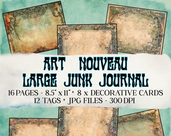 Páginas imprimíveis de diário de sucata Art Nouveau, scrapbooking, colagem de arte elegante sem linhas de alta resolução, cartões e etiquetas de diário de sucata, download instantâneo