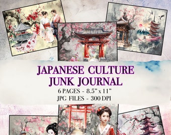 May include: Six digital collage sheets featuring Japanese cultural imagery, including cherry blossoms, pagodas, and a woman in traditional clothing. The sheets are designed for use in junk journals and measure 8.5 inches by 11 inches.