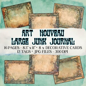 Utskrivbara sidor i jugendstil för skräpjournal, scrapbooking, högupplöst elegant olinjerad konstcollage, skräpjournalkort och etiketter, direktnedladdning