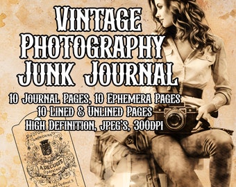 May include: Vintage photography junk journal with a sepia toned image of a woman holding a camera. The journal includes 10 journal pages, 10 ephemera pages, 10 lined and unlined pages, and is high definition, JPEG's, 300DPI.