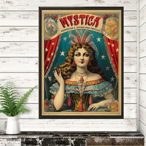 Zirkus Freak 'Mystica' Retro Digital Print Karneval Poster Art Nostalgische Sideshow Zeichen Wohnkultur Antike inspirierte Wandkunst Wahrsagerin