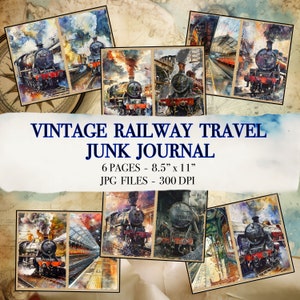 Páginas de diario de chatarra de trenes antiguos, kit de papel de álbum de recortes de arte digital, hoja de collage imprimible de locomotoras, material efímero de viaje, descarga instantánea